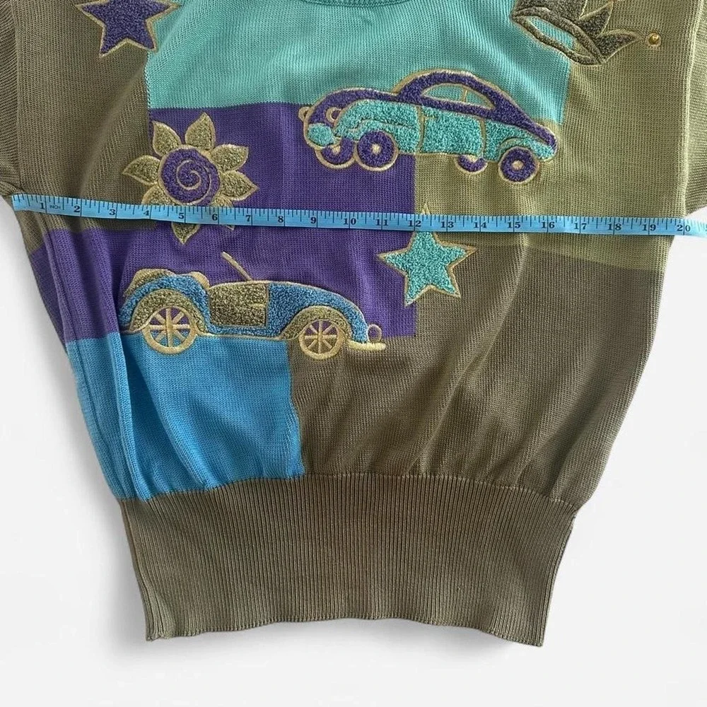 Escada Margaretha Ley Vintage Colorblock Car Applique Sweater W-Germany 80s